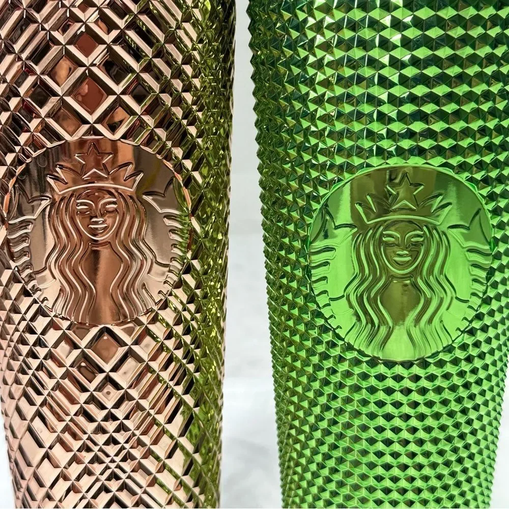 Starbucks 2 Studded Tumbler Cold Cup 24oz Rose Gold And Metallic Green. NO STRAW